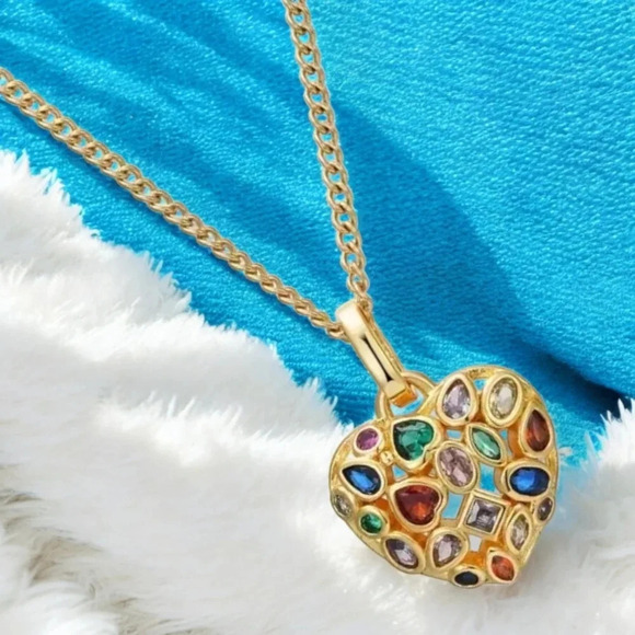 🆕️18K Gold Plated Rhinestone Heart Charm Necklace - Colorful Statement Piece✨ - Picture 8 of 14